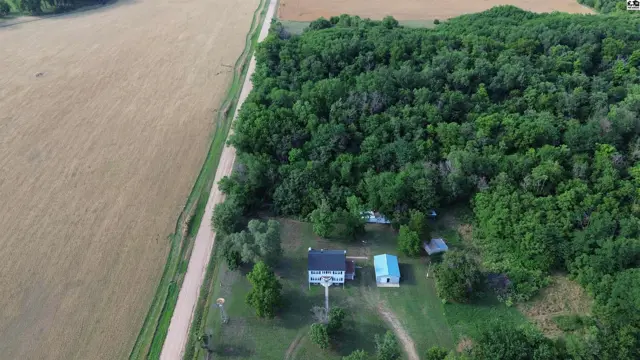 Aerial view of a white house and blue outbuilding nestled among trees beside a field.