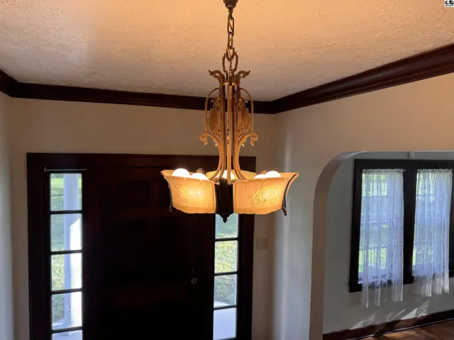 Ornate vintage chandelier illuminates a foyer with dark wood trim and glass-paned doors.