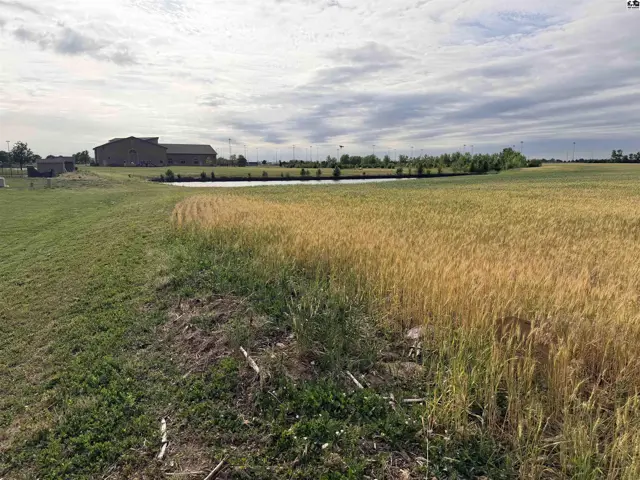 Expansive field with mature wheat and a tranquil pond borders a large building.