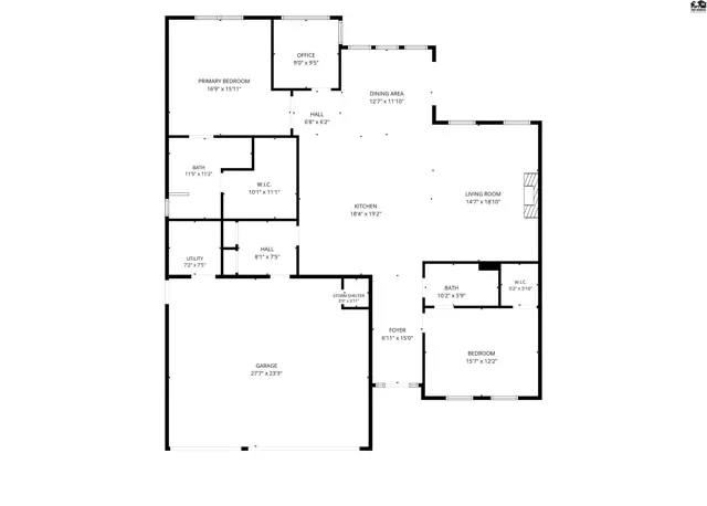 This floor plan shows a home with a living room, kitchen, dining area, and three bedrooms.