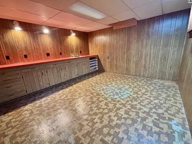Finished basement room with wood-paneled walls, built-in cabinetry, and patterned flooring.