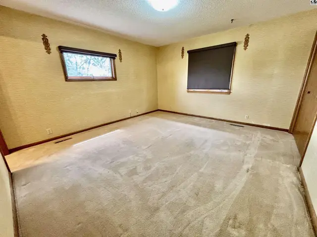 Spacious bedroom with textured yellow walls, dual-pane windows, and plush beige carpeting.
