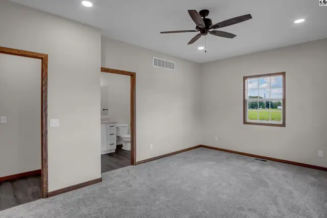 Spacious bedroom with gray carpet, white walls, dark wood trim, and a view of green fields.