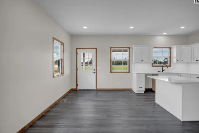 Bright, open living area with white cabinets, dark wood-look flooring, and a door to the outside.