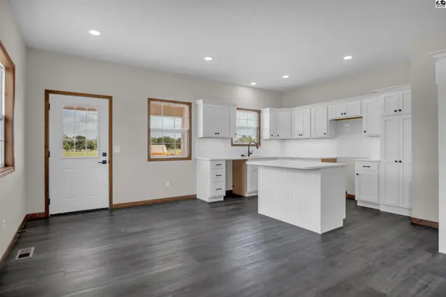 Modern white kitchen with island, dark wood-look flooring, and natural light from windows.