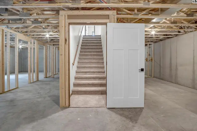 Unfinished basement with concrete floors, exposed ceiling joists, and a carpeted staircase behind a white door.
