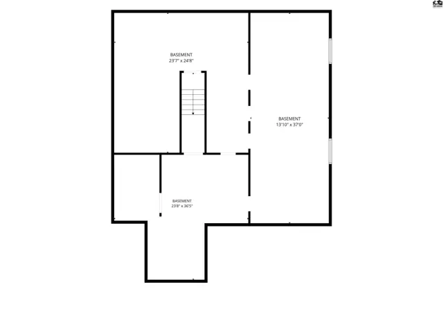 Floor plan of a finished basement with multiple rooms and a staircase.