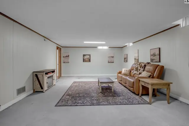 Spacious finished basement with a leather sofa, patterned rug, and neutral walls.