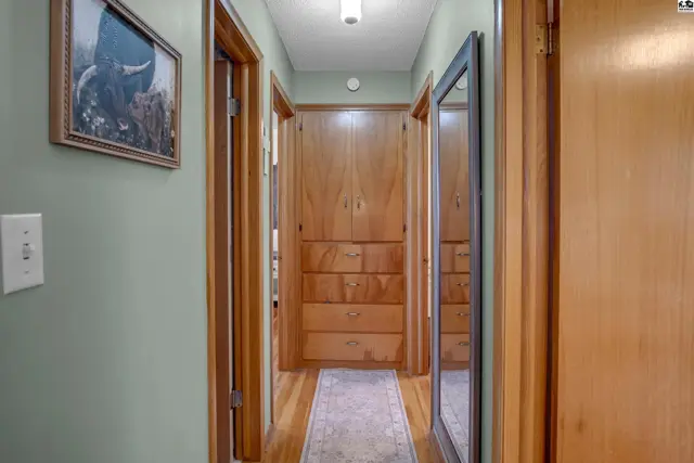 Hallway with light green walls, wood floors, built-in cabinets, and a framed artwork.
