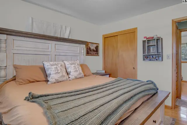 Spacious bedroom with a large, distressed wood headboard, neutral bedding, and a sliding closet door.
