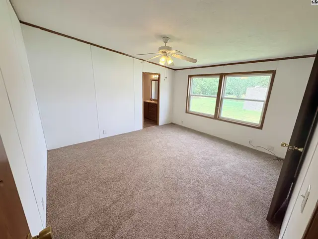 Spacious bedroom with plush carpet, white walls, and large windows overlooking greenery.
