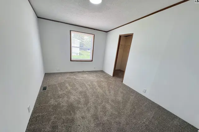 Spacious bedroom with plush carpet, white walls, and a closet entrance.