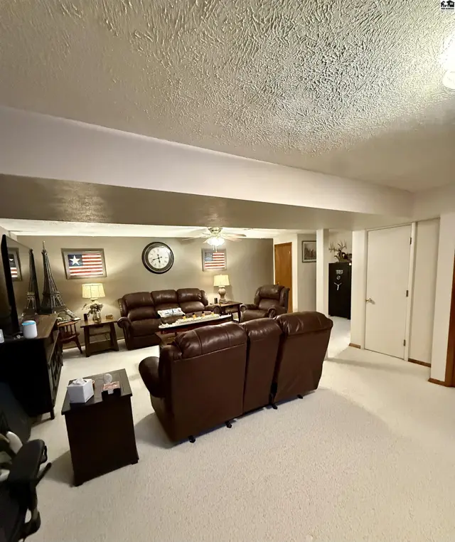 Spacious living room with plush carpet, leather furniture, and patriotic decor.