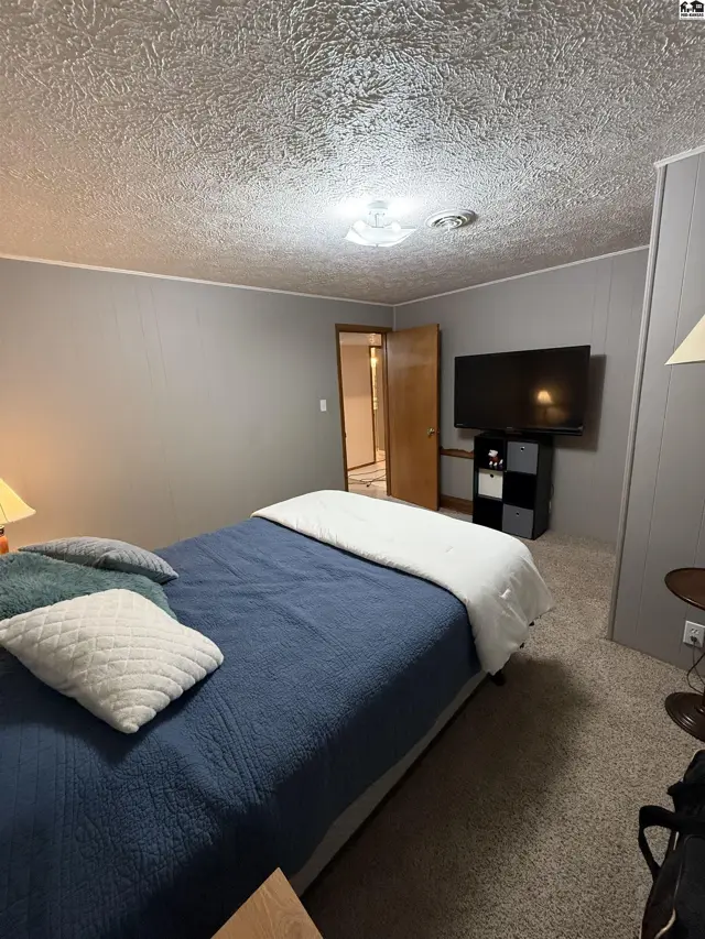 Bedroom with a queen bed, gray walls, textured ceiling, and a mounted television.