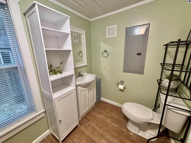 Light green bathroom with white vanity, sink, tall cabinet, and wooden floors.