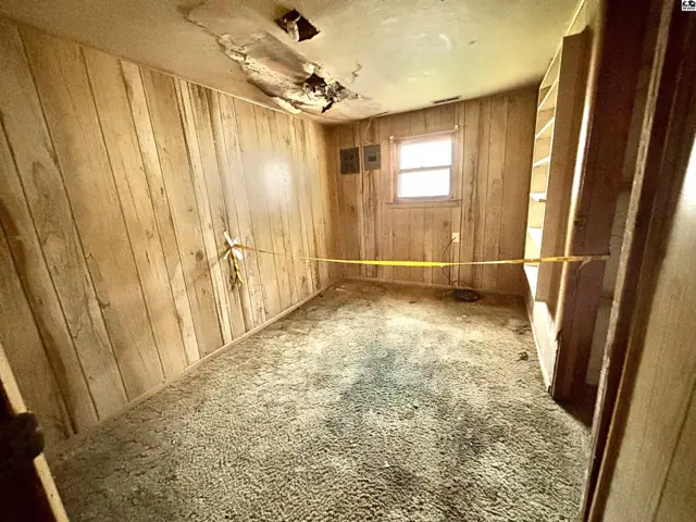 Room with wood-paneled walls, stained carpet, and damaged ceiling.