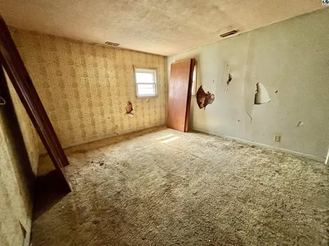 Empty room with peeling wallpaper, damaged walls, and worn carpet.