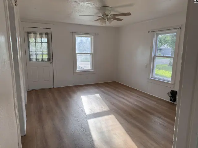 Bright living room with light wood-look flooring, white walls, ceiling fan, and two windows.