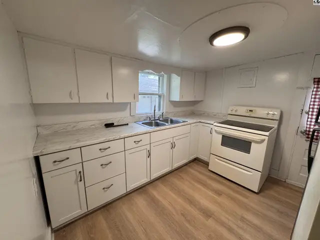 Bright kitchen with white cabinets, marble-look countertops, stainless steel sink, and wood-look flooring.