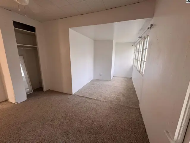 Interior view of a room with carpet, white walls, and a closet.