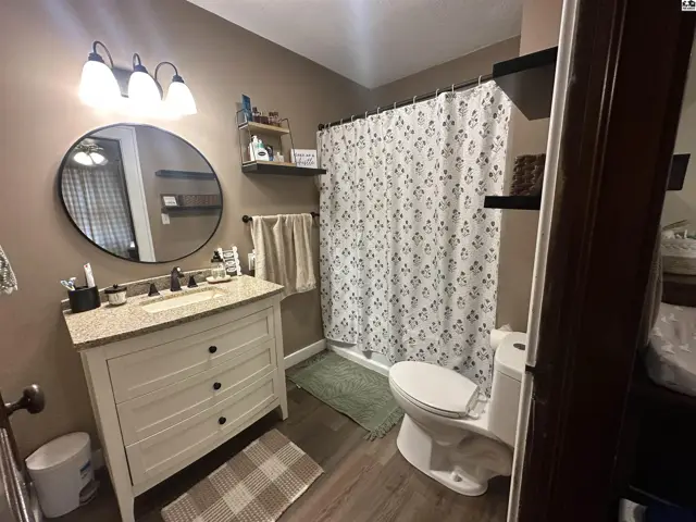 Modern bathroom with granite vanity, patterned shower curtain, and dark wood flooring.
