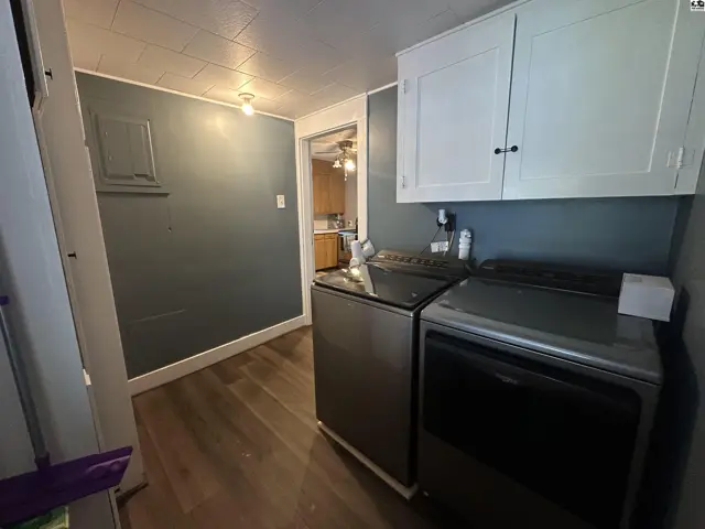 Laundry room with dark gray walls, white cabinets, stainless steel washer and dryer, and wood-look flooring.