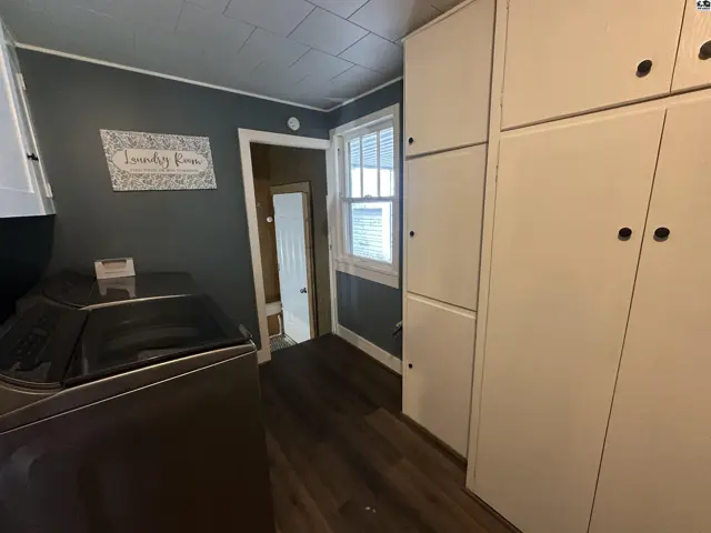 Laundry room with dark walls, white cabinets, dark wood floors, and a stainless steel washer.