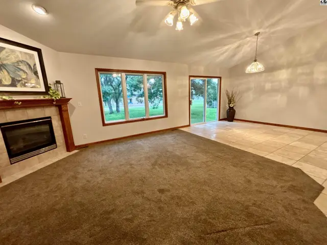 Spacious living room with plush brown carpet, tiled floor, fireplace, and large windows overlooking greenery.