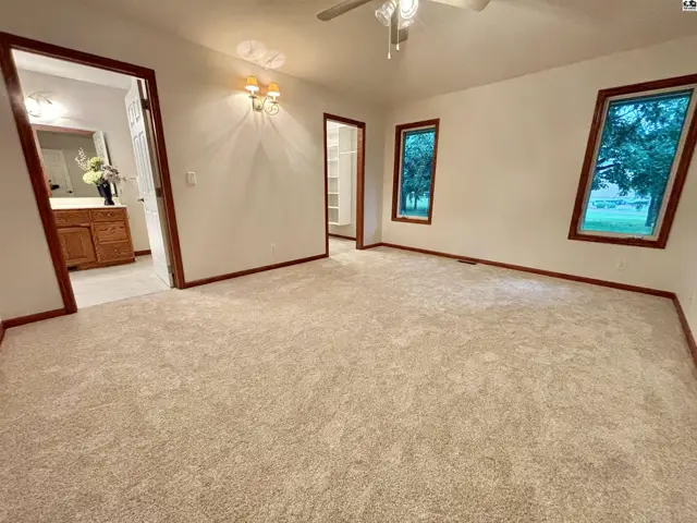 Spacious bedroom with plush carpet, large windows, and an adjoining bathroom with wood vanity.
