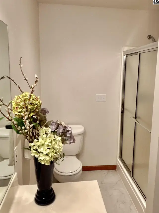 A bright bathroom features a toilet, a glass-door shower, and a vanity with floral decor.