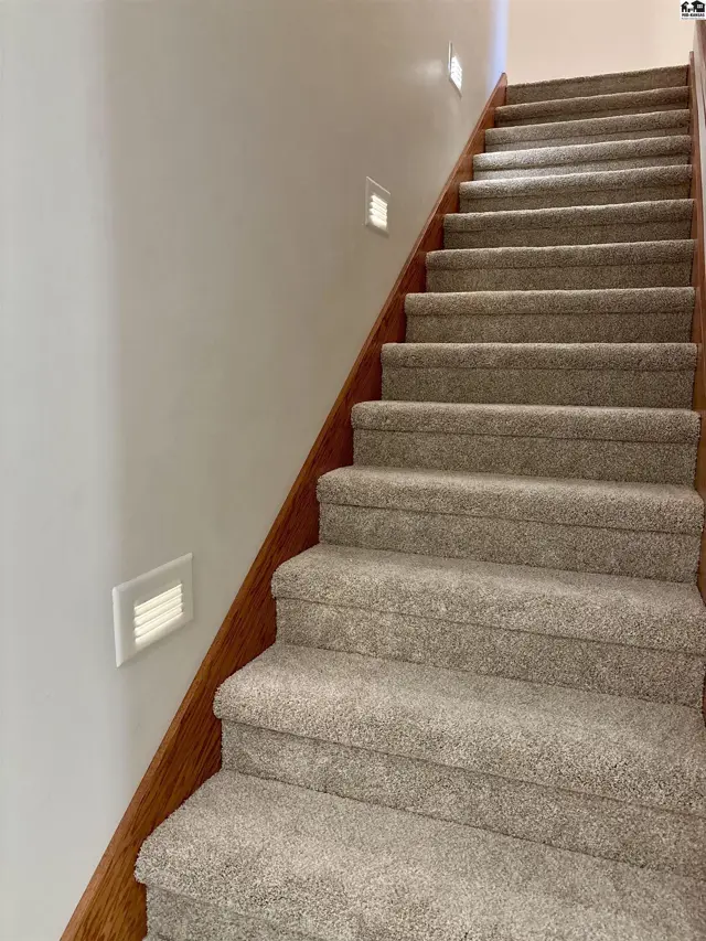 Carpeted staircase with wood trim and modern recessed lighting.