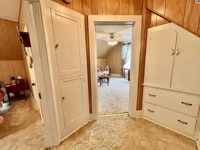 Hallway with built-in white cabinets and wood-paneled walls opens to a living room with carpet.