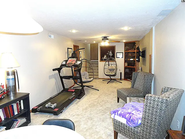 Spacious finished basement with a treadmill, hanging chairs, and built-in shelving.