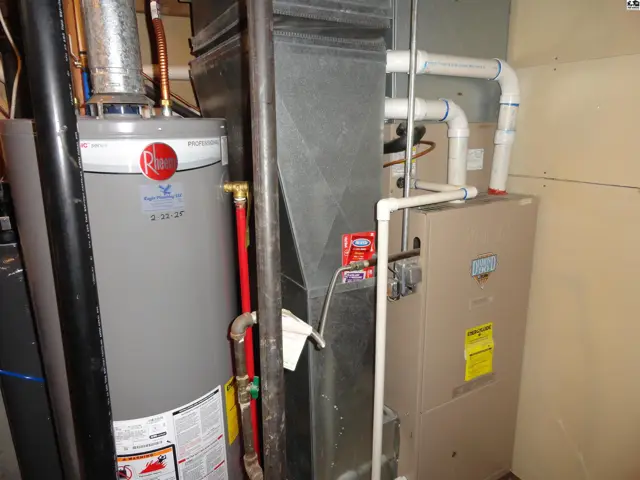 A Rheem water heater and furnace with ductwork and plumbing are shown in a utility space.