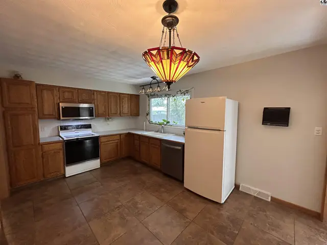 Spacious kitchen with oak cabinets, stainless steel appliances, and a unique Tiffany-style chandelier.