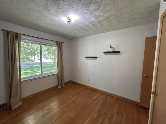 Bright bedroom with hardwood floors, large window, and textured ceiling.