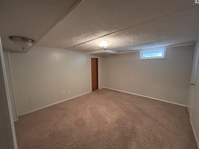 Spacious unfinished basement room with carpet, paneled walls, and a small window.