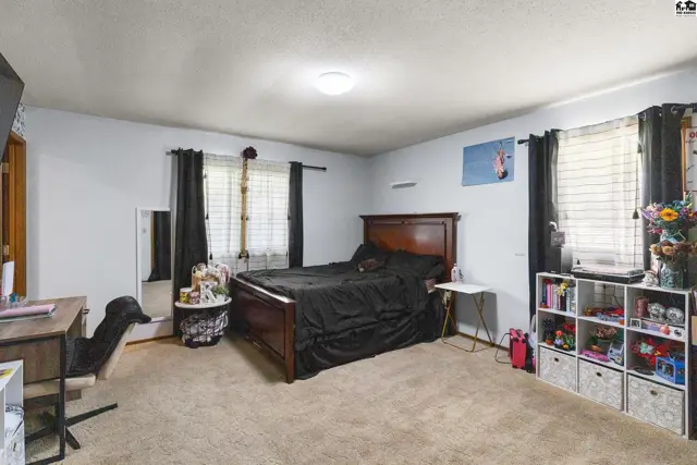 Spacious bedroom with a dark wood bed frame, light blue walls, and carpeted flooring.