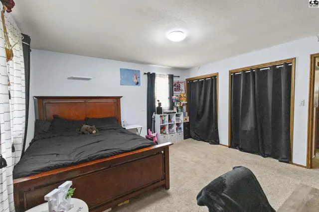 Spacious bedroom with a large wooden bed frame, neutral carpet, and black curtains covering closets.