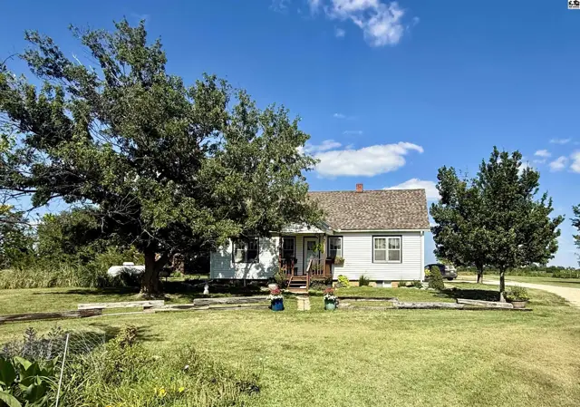 Charming white cottage with a covered porch, nestled among mature trees on a sunny day.