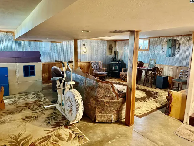 Cozy basement living area with a fireplace, exercise equipment, and rustic corrugated metal walls.
