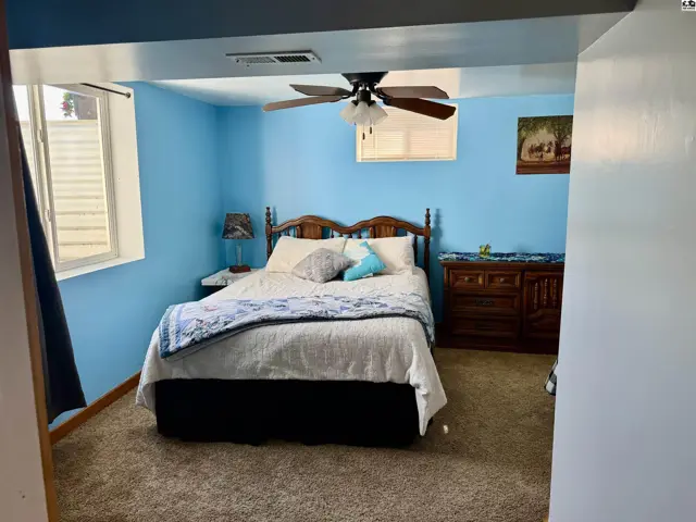 Cozy bedroom with blue walls, a wooden bed frame, plush carpet, and a ceiling fan.