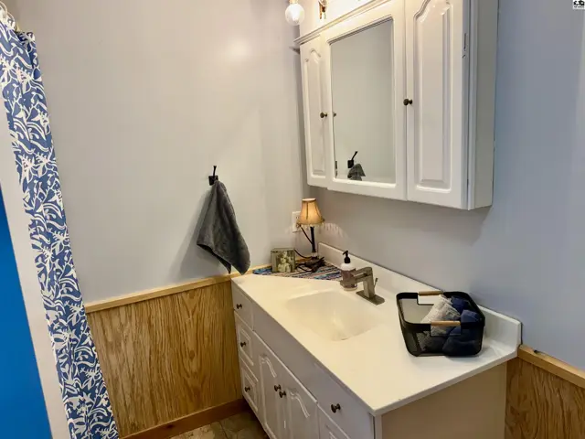 Bright bathroom vanity with white cabinetry, a white countertop, and wood-paneled wainscoting.