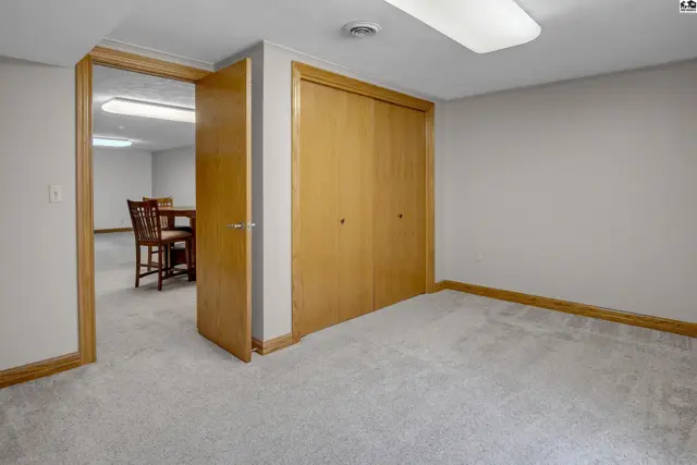Spacious room with plush carpet, wood-paneled closet doors, and a doorway to a dining area.
