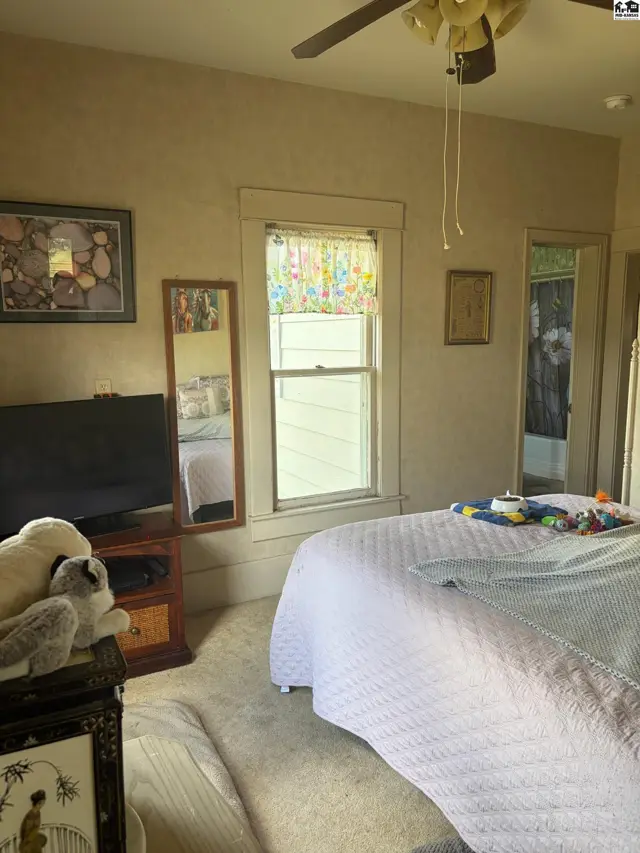 Cozy bedroom with a white quilted bed, plush carpet, and a decorative textured wall.