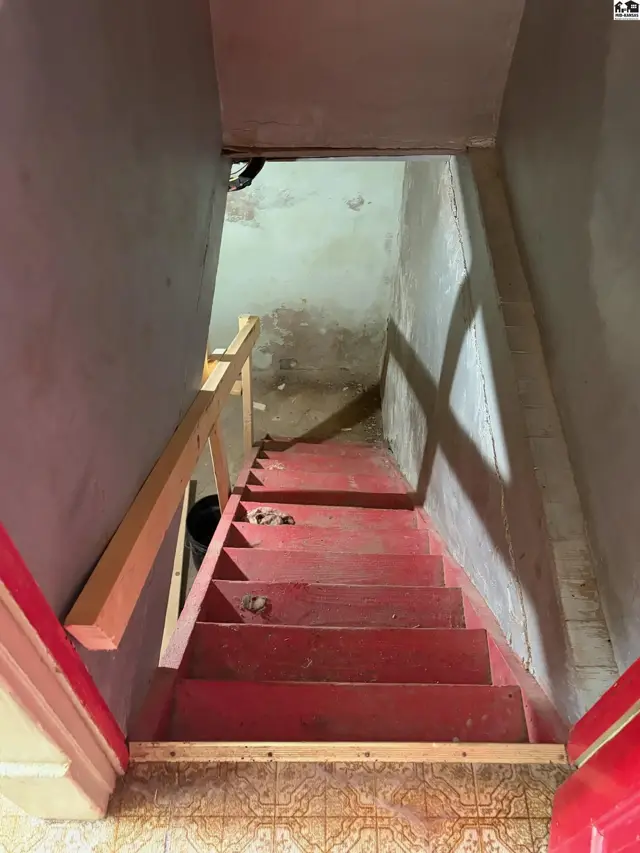 Red painted wooden stairs descend into a unfinished basement with concrete walls and a tiled floor.