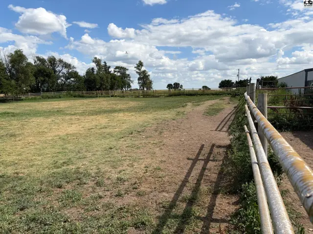 Expansive grassy field with a dirt path, metal fencing, and scattered trees under a cloudy sky.