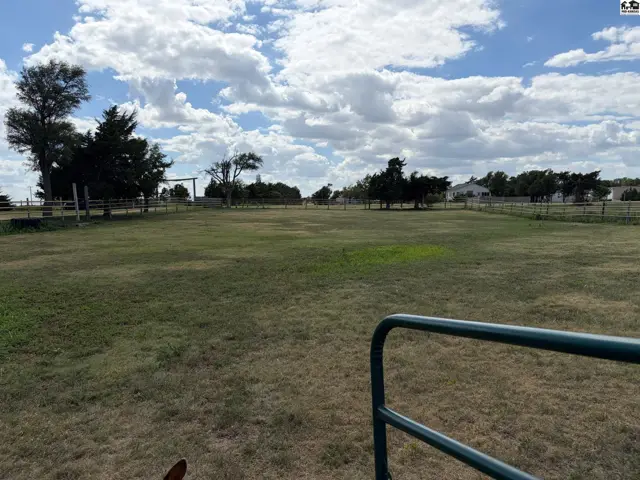 Expansive green pasture with scattered trees, fences, and a bright, cloudy sky.