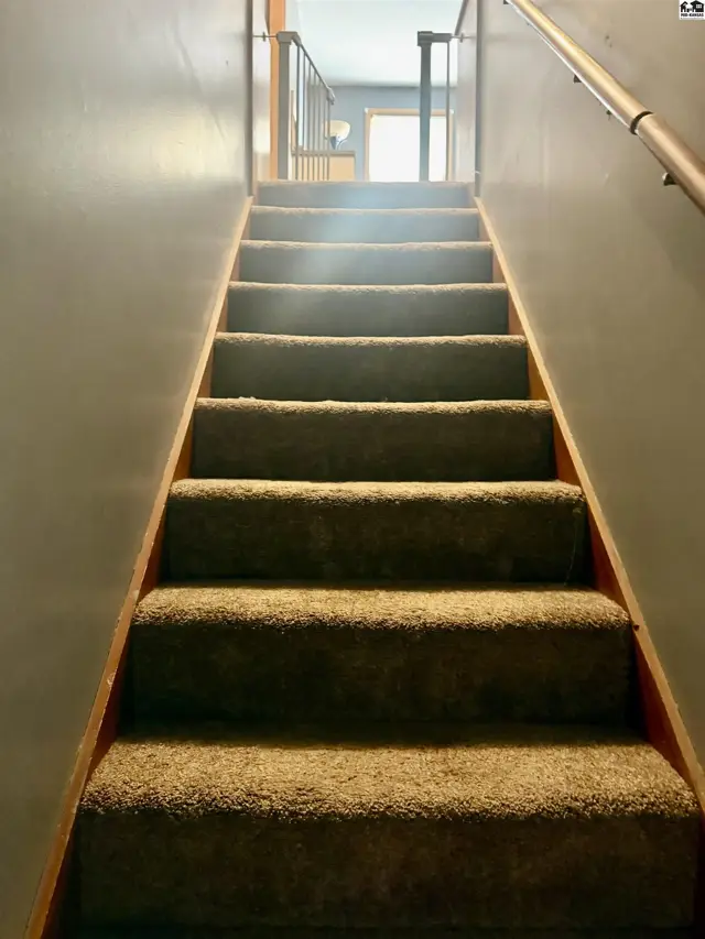 Carpeted staircase with wood trim ascends towards a bright landing with a metal handrail.
