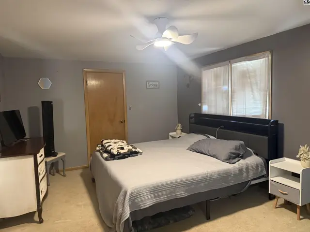 Spacious bedroom with a king-size bed, gray walls, and carpeted flooring.